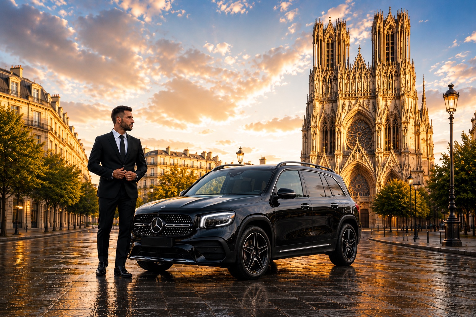 Véhicule noir devant la cathédrale de Reims